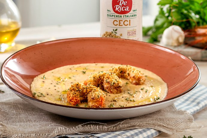 Crema di ceci con gamberi gratin