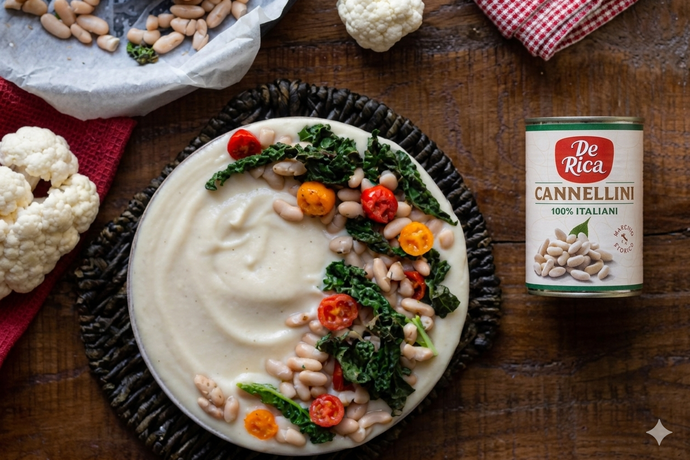 Crema di cavolfiore e camembert con cannellini, cavolo nero e pachino al forno