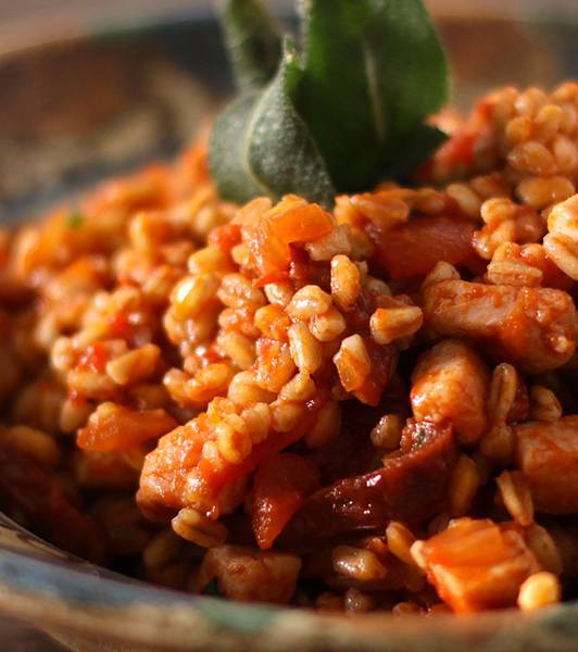 Farro mantecato al sugo di tonno pinna gialla e salvia fritta