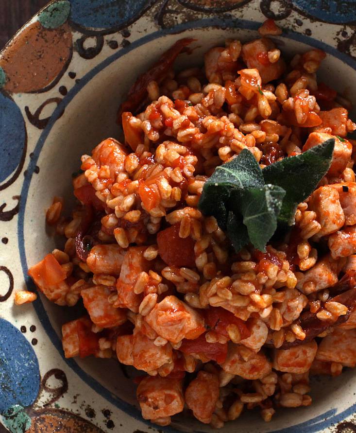 Farro mantecato al sugo di tonno pinna gialla e salvia fritta