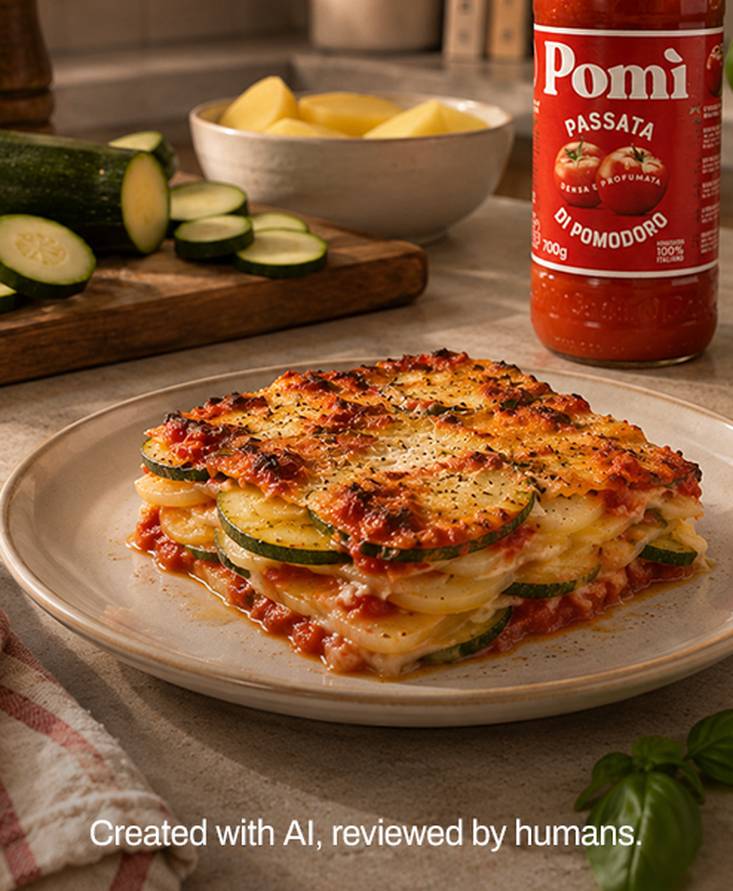 La ricetta della parmigiana di patate e zucchine con passata di pomodoro Pomì