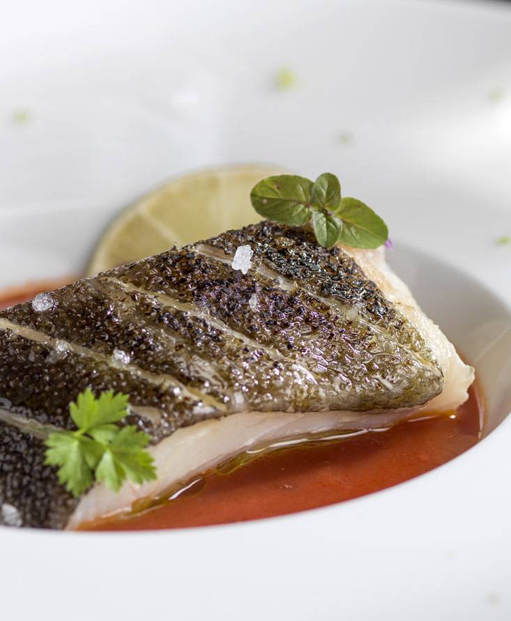 BACALAO CON PIEL CRUJIENTE SOBRE LECHO DE TOMATE