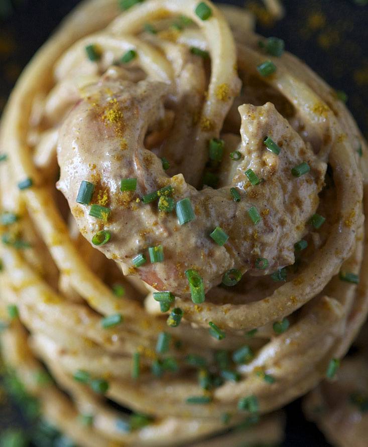 Bucatini in salsa rosa e mazzancolle al curry