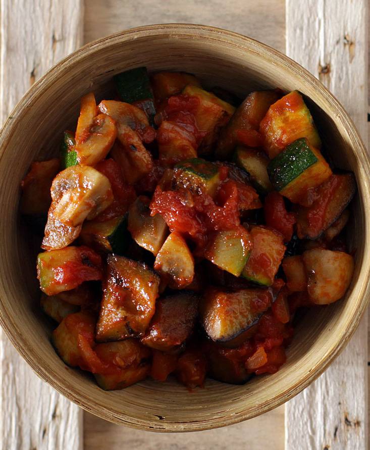 Little Caponata with eggplant, capers and Taggiasche olives served with mint and sage Beef Strips