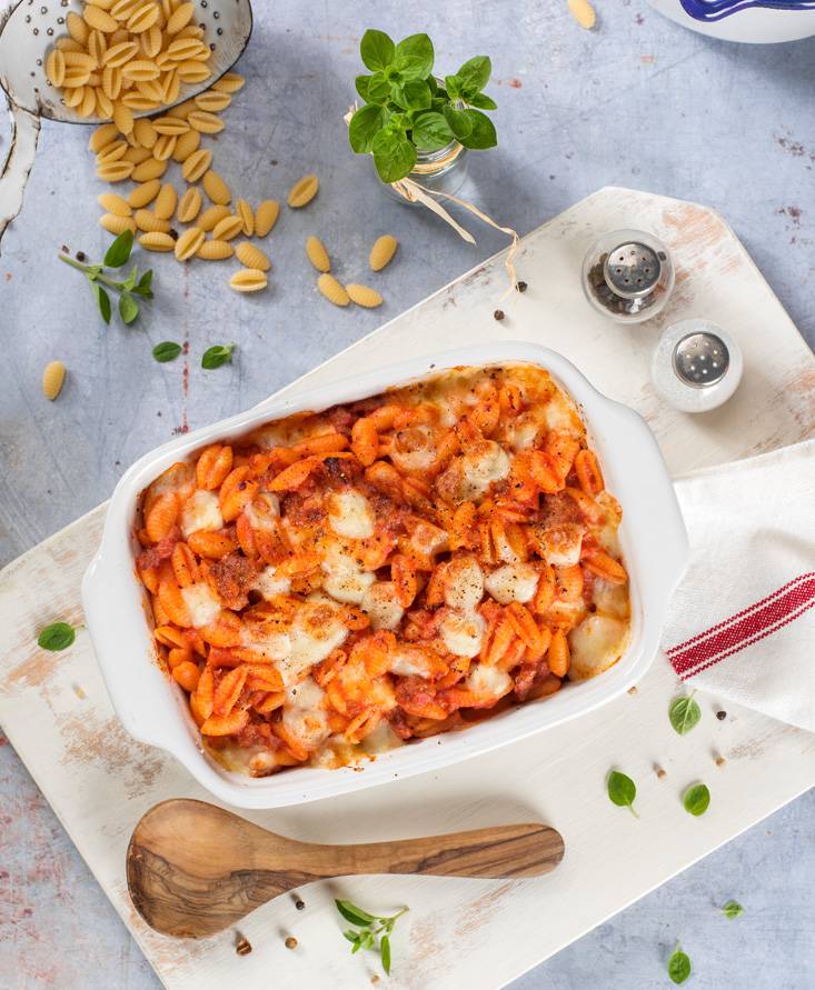Gnocchetti sardi al forno con sugo piccante di salsiccia e provola