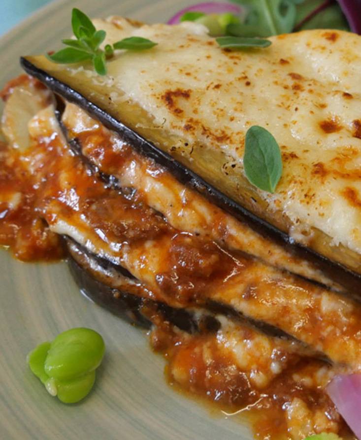 茄子のラザーニャ、鴨肉のラグーで