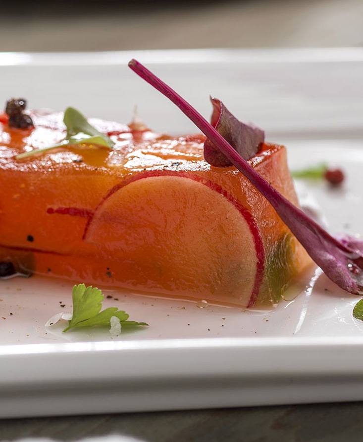 TOMATO GELATIN CUBES WITH CRISPY VEGETABLES