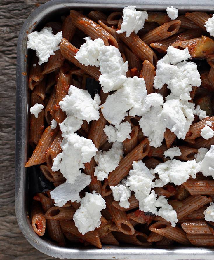 Gratin Brown Penne “alla Siciliana” with goat Ricotta Cheese