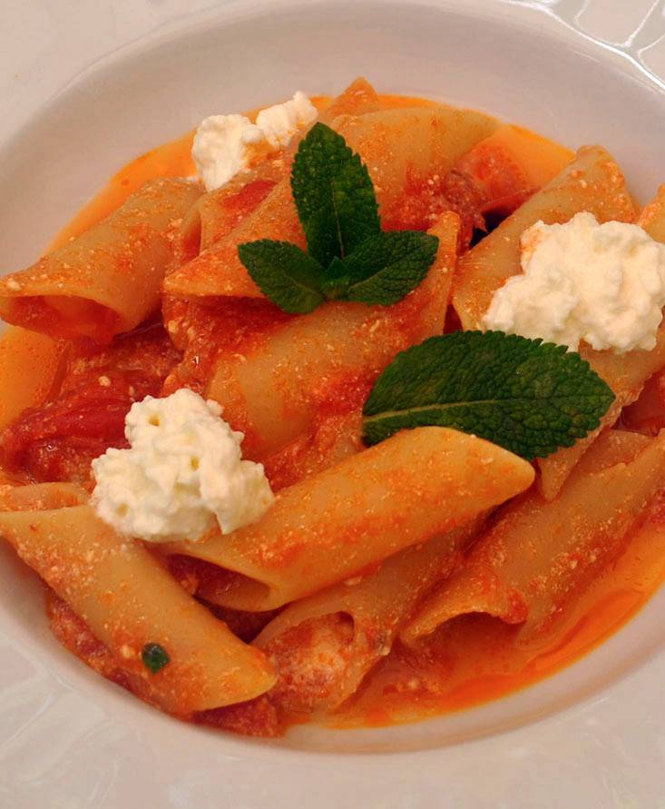 Pennoni al pomodoro con ricotta di bufala e menta