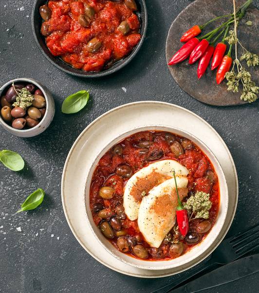 Provola alla pizzaiola con olive taggiasche ed erbe aromatiche