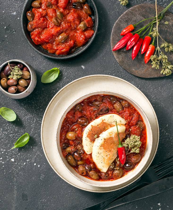 Provola alla pizzaiola con olive taggiasche ed erbe aromatiche