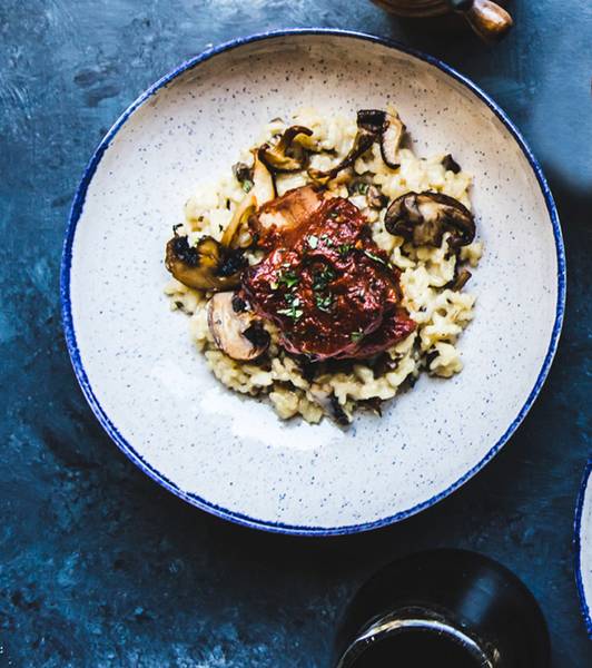 Short Ribs Braised in Pomi Tomato Sauce with Mushroom Risotto