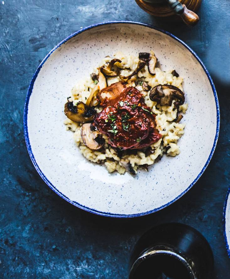 Short Ribs Braised in Pomi Tomato Sauce with Mushroom Risotto