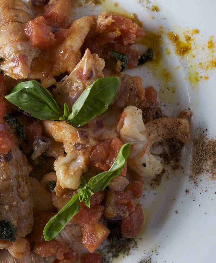 Sauteèd squilla mantis shrimps and prawns