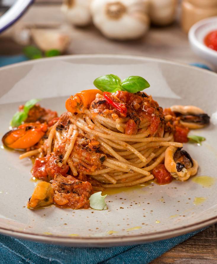 Espaguetis integrales con mejillones