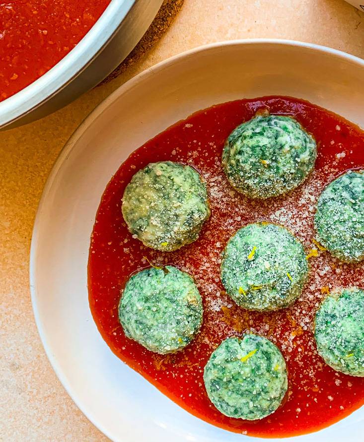 Spinach & Chard Gnudi in Tomato Sauce