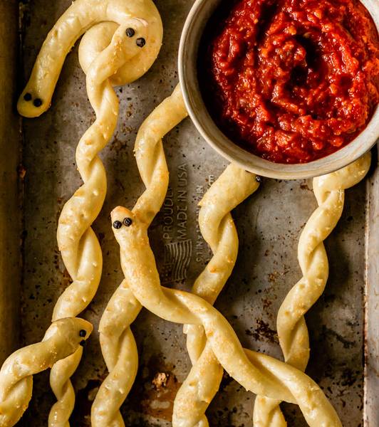Spooky Bread-Snakes with Chunky Marinara Sauce