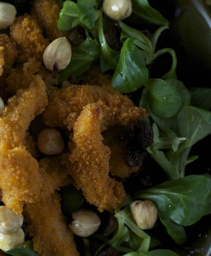 Breaded shredded chicken with tomatoes, raisins and hazelnuts